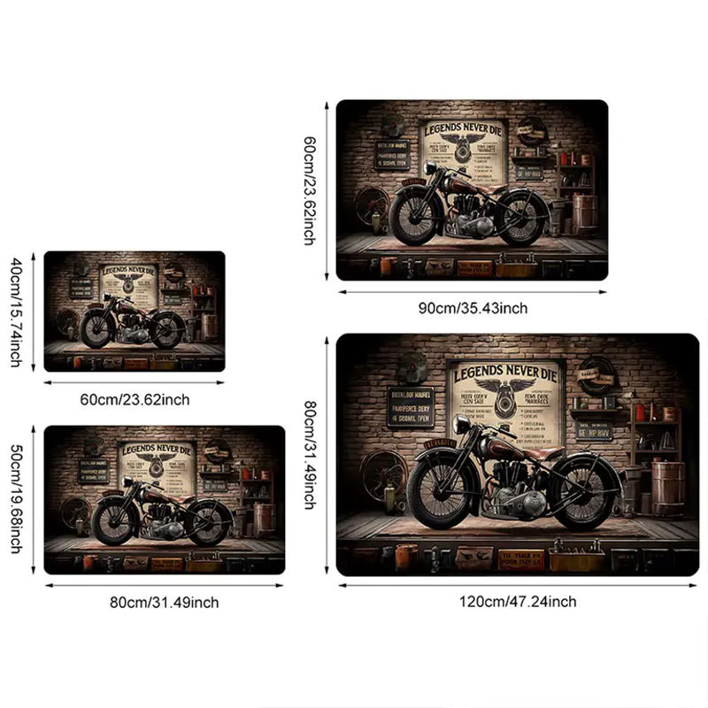 VIKAMA Vintage Motorrad-Garagen-Teppich mit Legends Never Die Motiv, rutschfest und waschbar, rechteckig, Multicolour, B/T: 60 x 40 cm - Bild 3