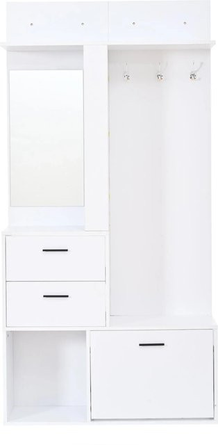 Merax Garderobe mit Schuhbank und Spiegel in Weiß, B/T/H: 90 x 30 x 180 cm - Bild 1