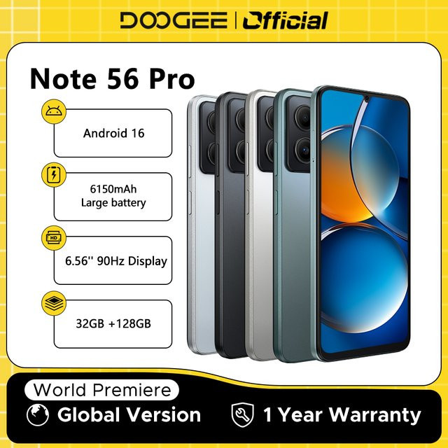 DOOGEE Note56 Pro Smartphone mit Android 16, 6,56 Zoll 90 Hz Display, 128 GB Speicher, NFC und 6150 mAh Akku, Globale Version - Bild 1