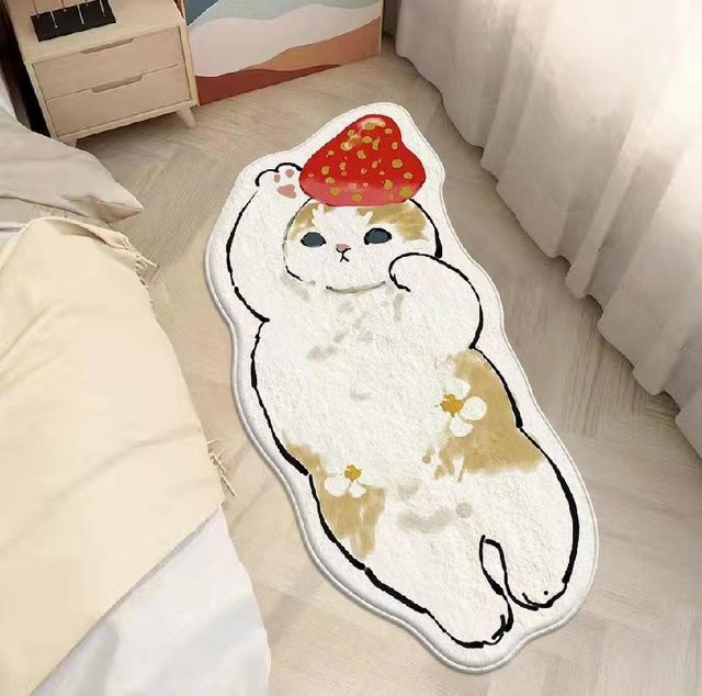 Rutschfeste Bodenmatte mit Cartoon-Katzen-Design aus weißem Imitations-Kaschmir für Kinderzimmer und Schlafzimmer, B/T: 60 x 40 cm - Bild 1