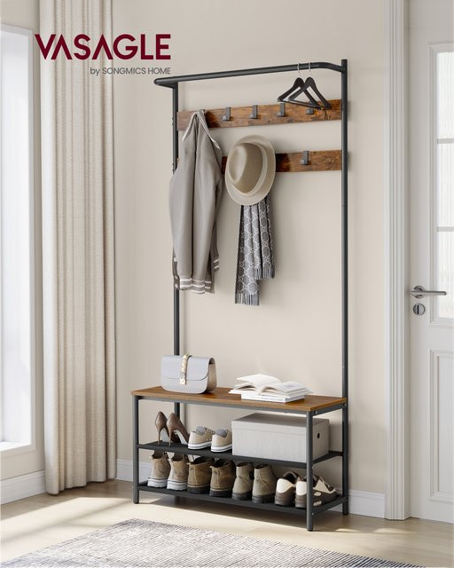 VASAGLE Garderobenständer mit Schuhbank im Industrial Design, matt, Beige oder Schwarz - Bild 1
