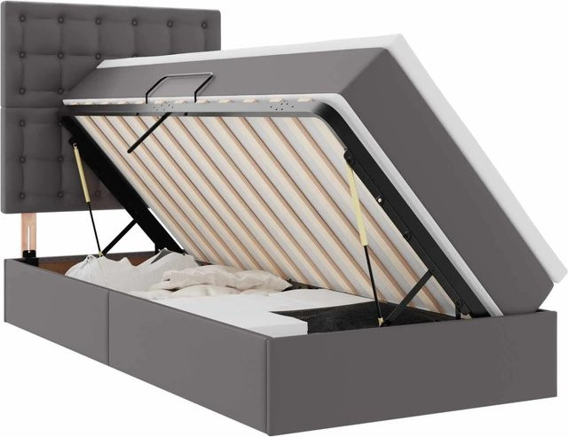 vidaXL Aufbewahrungsbett mit Matratze in Grau aus Kunstleder mit Lift-up-Funktion, B/T/H: 90 x 190 x 128 cm - Bild 1