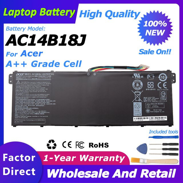 Original Acer Akku AC14B18J AC14B13J für Aspire V5-132P V3-112 Serie ES1-511 ES1-512 Laptop-Akku, Schwarz, 3220 mAh/36 Wh - Bild 1