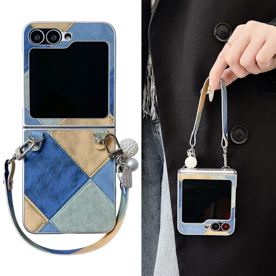 Luxus Retro Lederband Handyhülle für Samsung Galaxy Z Flip 4, Z Flip 5, Z Flip 6 und Z Flip 7 in White Multicolour, stoßfeste Abdeckung mit Handgelenkband - Bild 3