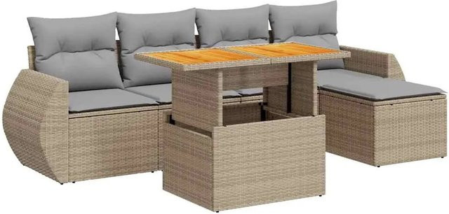 vidaXL 6-teilige Garten-Sofagarnitur aus Poly-Rattan und Akazienholz in Beige-Grau mit Kissen - Bild 1