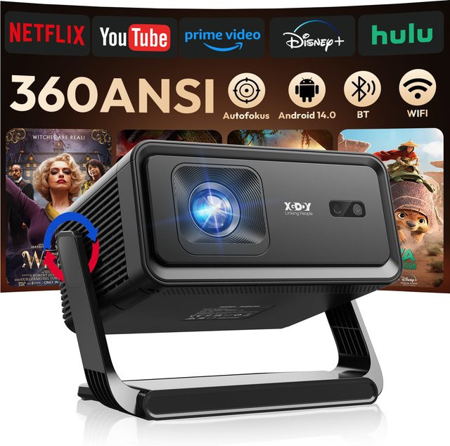 XGODY 4K Beamer mit Autofokus und Android 14, Tragbarer Outdoor-Projektor mit 360 ANSI, 8K Unterstützung, Native 720P, 16GB Speicher, Wifi6 und Bluetooth 5.4, Schwarz - Bild 1