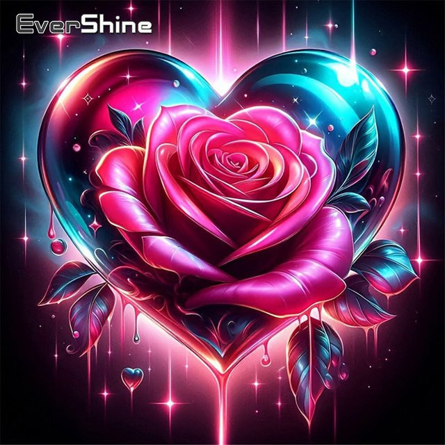 Evershine 5D Diamant-Stickerei Blumenbild mit Rose und Liebesherz als Strass-Gemälde und Mosaik-Illustration - Bild 1