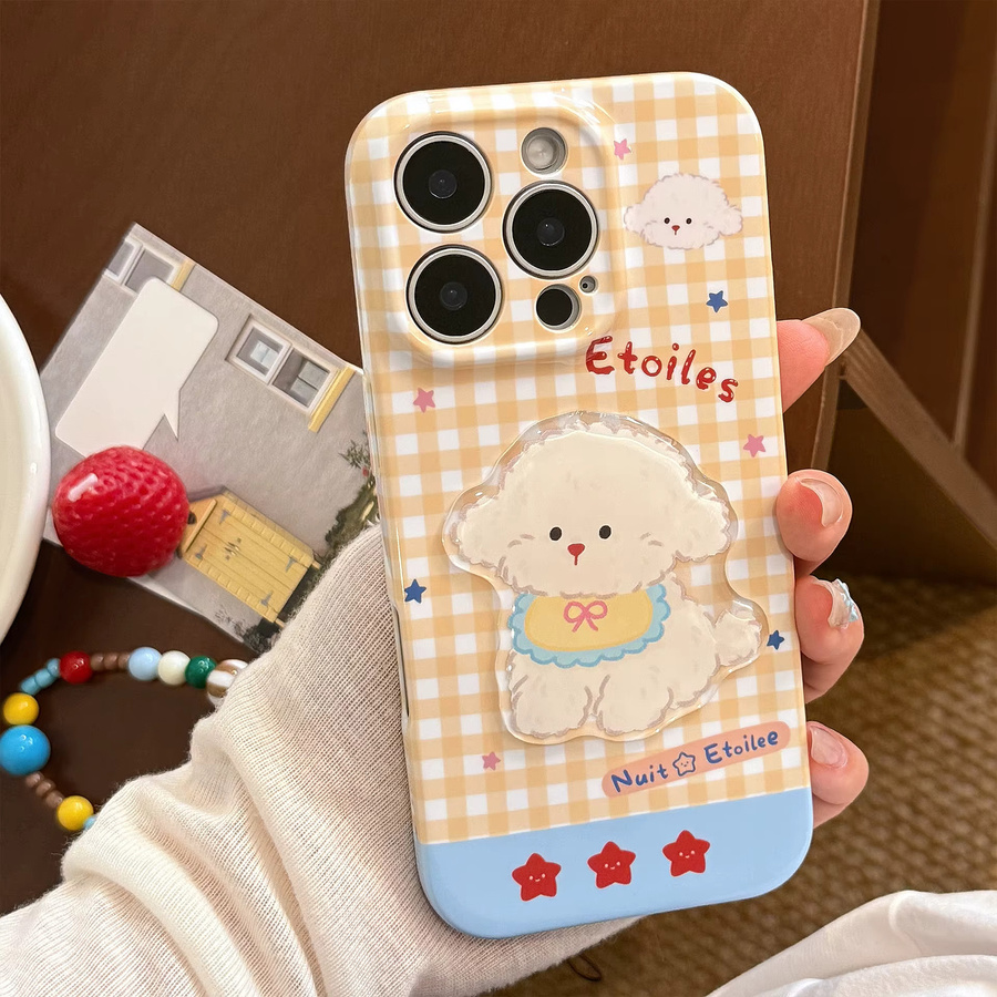 MUQGEW Stoßfeste Handyhülle mit 3D-Cartoon-Welpen und Gittermuster für iPhone 11 bis 16 Pro Max inklusive Lanyard, Mehrfarbig - Bild 5