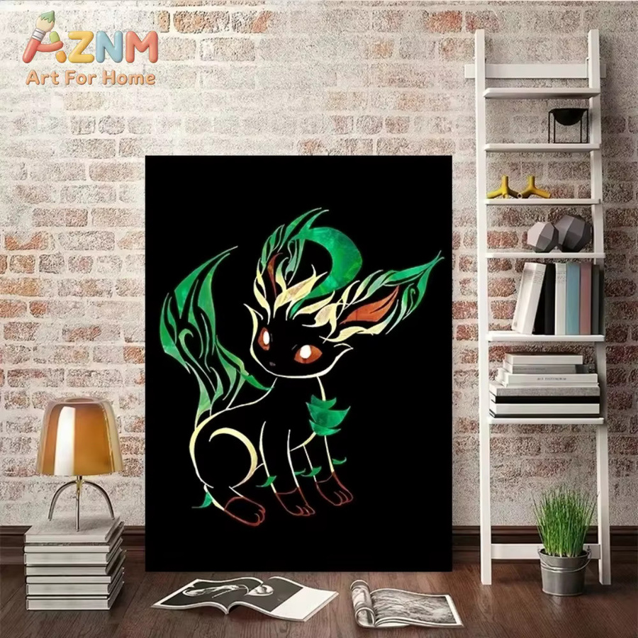 Abstraktes Pokemon Eeveelutions Leinwandgemälde von KAYOU mit Eevee, Umbreon und Leafeon in Mehrfarbig als moderne Anime-Wandkunst zur Dekoration deines Wohnzimmers - Bild 3