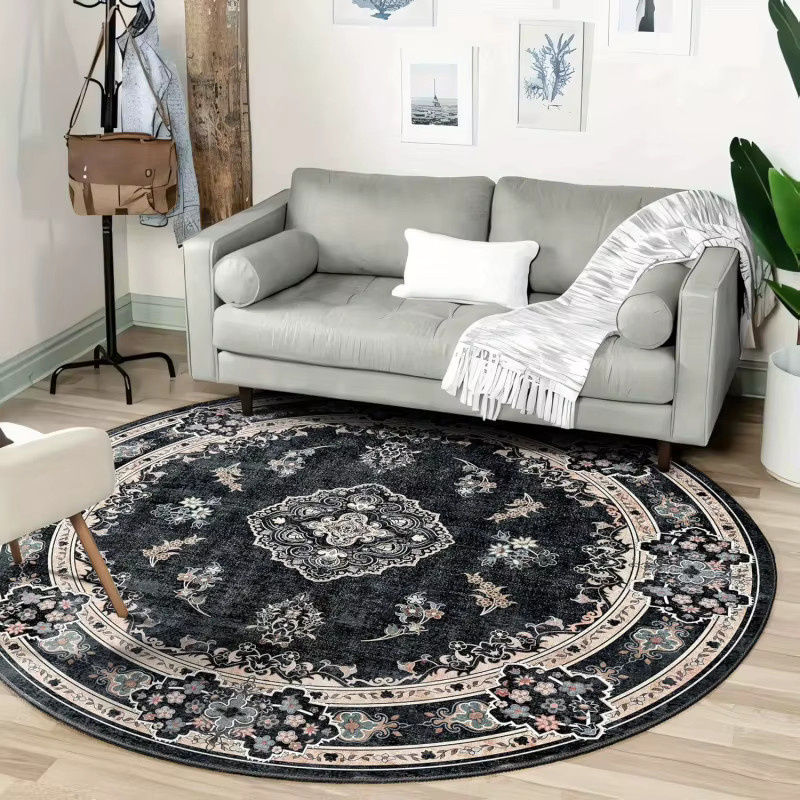 VIKAMA Bohemian Runder Bodenmatten Teppich in Schwarz, Schmutzabweisend und Langlebig für Wohnzimmer und Esszimmer - Bild 2
