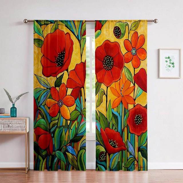 Yiran Furniture Vorhänge mit Pflanzenmotiv in Regenwaldgrün, 2 Paneele, semi-transparent, B: 50 cm, H: 130 cm - Bild 1