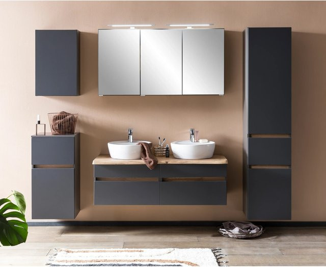 Held Möbel Doppel-Waschtisch-Set Trient in matt Grau-Wotaneiche mit Spiegelschrank und zwei Keramik-Aufsatzbecken, Breite: 120 cm, Höhe: 200 cm, Tiefe: 47 cm - Bild 1