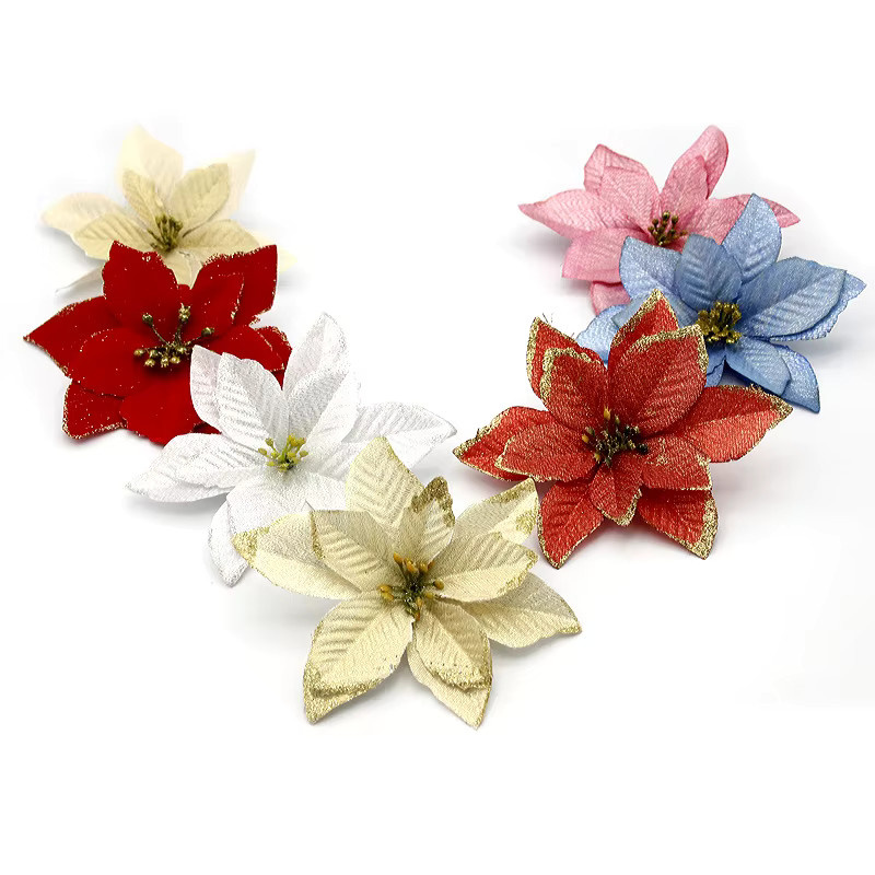 DUTRIEUX 10er Set Weihnachtsbaum Dekorative Kunststoff Blumen in Gold Silber und Rot als Saisonale Ornamente - Bild 2