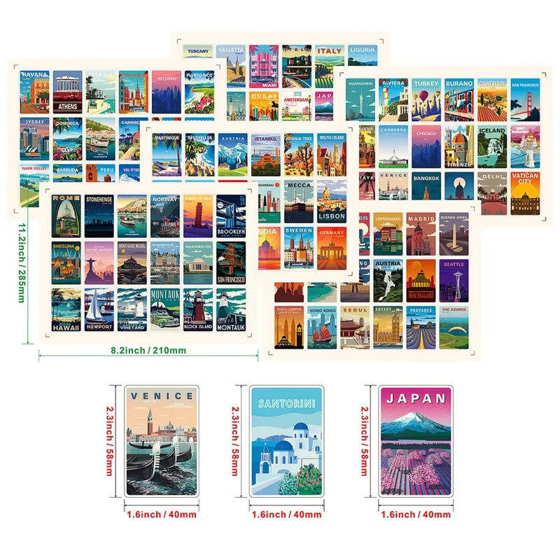 108 Stück Reisen um die Welt Landschaft Serie Aufkleber Set, Mehrfarbig, DIY Papier Aufkleber mit Motiven von Paris, Berlin, Japan, New York, Schweiz, Norwegen und Venedig - Bild 1