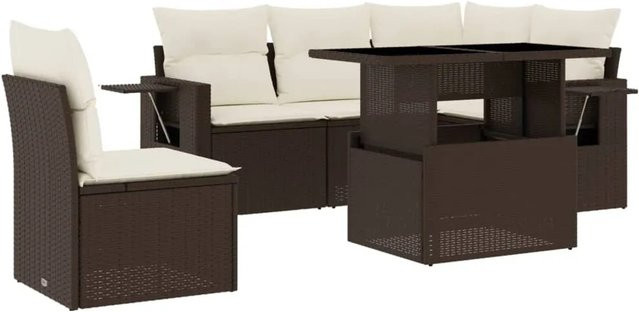 vidaXL 6-teilige Garten-Sofagarnitur aus Poly-Rattan mit Kissen in Braun und Cremeweiß - Bild 1