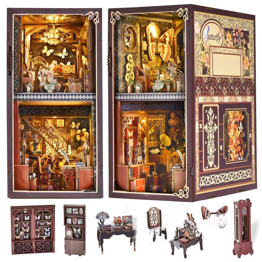 ASLOWSNAIL Schmetterlings-Bücherregal-Set, 3D-Puzzle, Holz, DIY Puppenhaus Bausatz - Bild 1