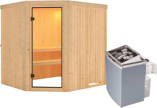 Woodfeeling Sauna Bodo mit 9 kW Ofen, integrierter Steuerung und bronzierter Glastür in Gold, B/T/H: 196 x 178 x 198 cm - Bild 1