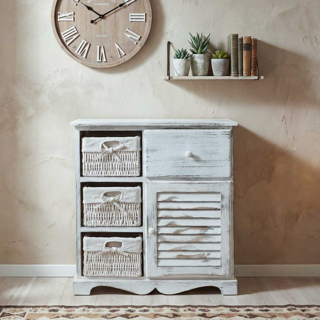 MCW Kommode Schrank mit 3 Körben in Weiß im Shabby-Look, B/T/H: 63 x 30 x 60 cm - Bild 1
