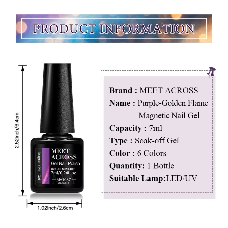 MEET ACROSS Lila-Goldene Flamme Magnetischer Gel Nagellack, 7 ml, Schimmernd - Bild 6