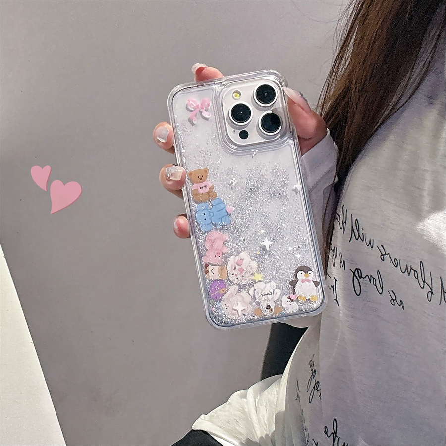 JINHR Handyhülle mit glitzerndem Treibsand und Cartoon-Tier-Design für iPhone 17 16 15 14 13 Pro Max Plus, stoßfest, beige/transparent - Bild 3