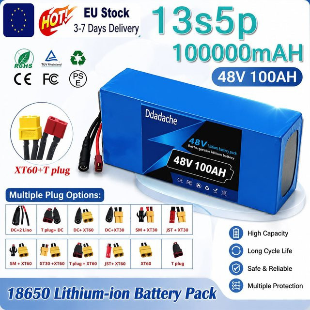 48V 100000mAh 13S5P 18650 Lithium-Akku mit intelligentem BMS in Blau für E-Bikes, Roller und elektrische Geräte von 500W bis 1000W inklusive Ladegerät - Bild 1