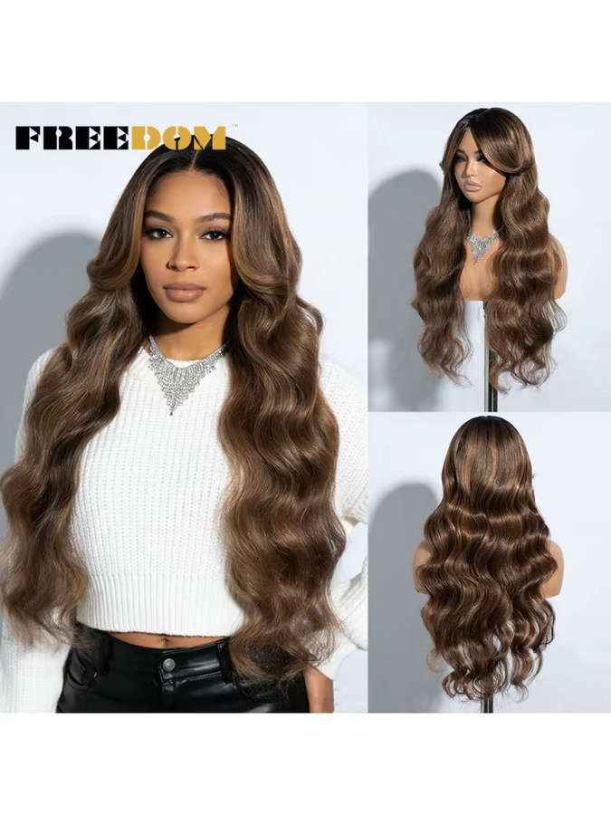 FREEDOM Synthetische Spitzenperücke, 28 Zoll, gewellt mit Pony, Ombre Blond Braun - Bild 7