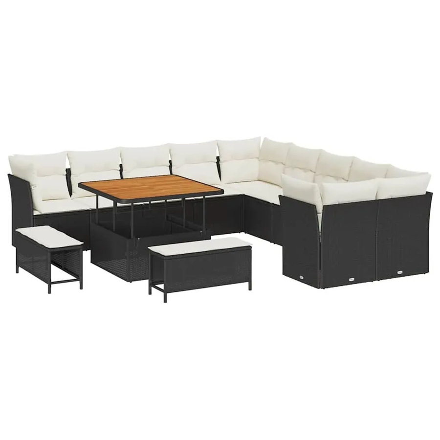 vidaXL Garten-Sofa-Set 13-teilig in U-Form aus Poly-Rattan und Akazienholz mit Polstern, Schwarz-Creme - Bild 2