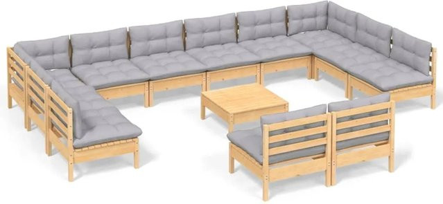 vidaXL 13-tlg. Garten-Lounge-Set aus massivem Kiefernholz in Braun-Grau mit grauen Polstern - Bild 1