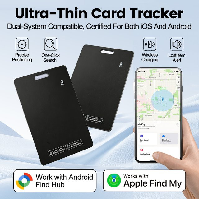 Peocke Ultradünne Smart-Tracking-Karte mit globalem GPS-Dual-System, kompatibel mit Google und iOS Find My, Farbe: Schwarz - Bild 1