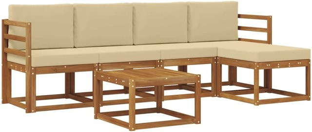 vidaXL Outdoor-Sofagarnitur aus Massivholz Akazie in Natur und Beige, 6-teiliges Set mit wetterfesten Kissen und Armlehnen - Bild 1