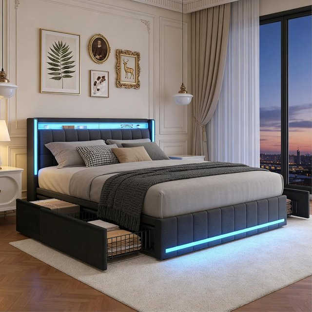 Rosahqnda Polsterbett mit Stauraum und LED-Beleuchtung sowie USB-Anschluss, B/T: 140 x 190 cm - Bild 1