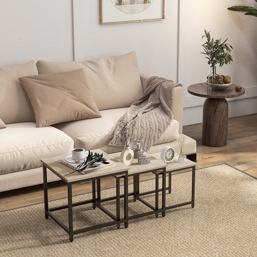 HOMCOM 3er-Set Couchtische im Industrial Design mit Holzoptik und Stahlrahmen in Schwarz und Braun - Bild 2