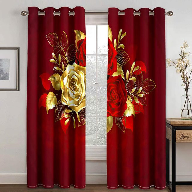 Yiran Furniture Moderne Vorhänge mit Hochzeits-Paar Motiv in Schwarz, Gold und Rot, 2 Paneele, semi-transparent, B: 100 cm, H: 130 cm - Bild 1