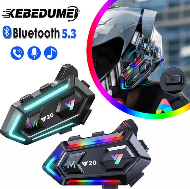 Kebedumei Motorradhelm-Headset kabellos mit Bluetooth V5.3, IPX6 wasserdichte Freisprecheinrichtung und buntem Lichteffekt in Schwarz/Multicolor - Bild 1