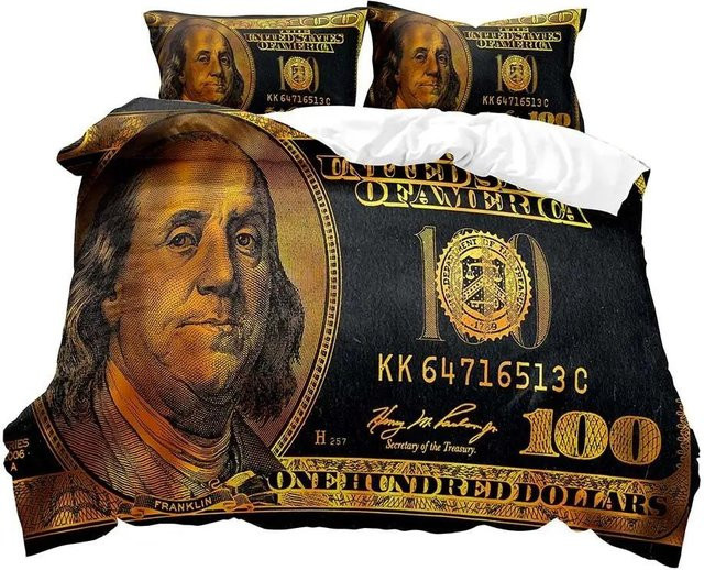 Luxus Bettwäsche-Set mit Dollar-Schein-Design, Schwarz, 3-teilig bestehend aus 1 Bettbezug und 2 Kissenbezügen, B/H: 140 x 210 cm - Bild 1