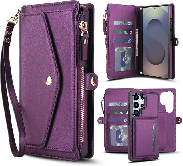 2-in-1 Lanyard Leder Geldbörse Handyhülle mit Reißverschluss für Samsung Galaxy S26 S25 S24 S23 S22 S21 S20 Ultra Plus FE in Purple - Bild 1