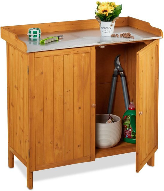 Relaxdays Pflanztisch aus Tannenholz mit Unterschrank in Orange und Zinn mit Magnetverschluss, B/T/H: 94 x 94 x 47 cm - Bild 1