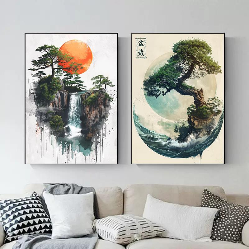 Japanische Landschaft mit Samurai, Geisha, Bonsai und Torii Sakura Kunst Poster als Leinwandmalerei für deine Heimdekor, Breite: 70 cm, Höhe: 120 cm, ohne Rahmen - Bild 1