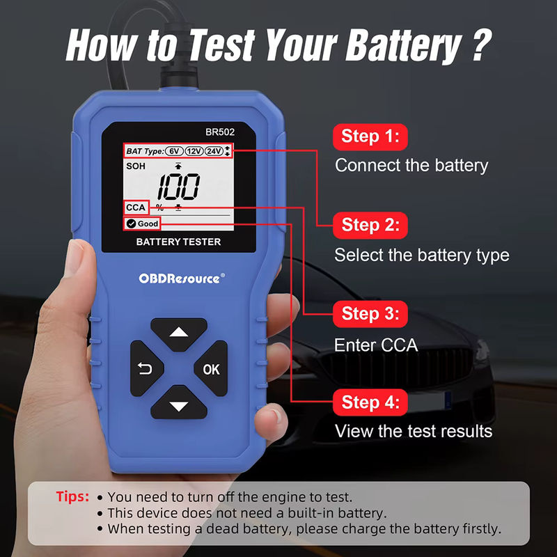 OBDResource Autobatterietester BR502 in Blau für 6V 12V 24V mit OBD2-Anschluss und 100-2000 CCA Analyse für 2Ah-220Ah - Bild 5