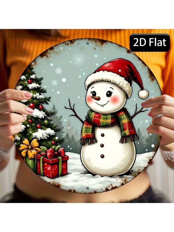 Rundes Vintage Weihnachtsschild aus Aluminium von Potdemiel mit Schneemann und Baum in Multicolor, Durchmesser: 20 cm - Bild 5