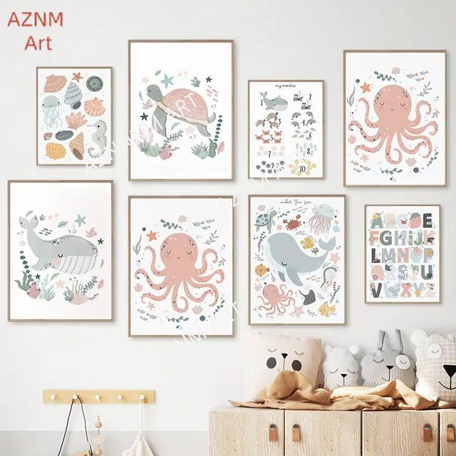 Wandkunstdruck Unter dem Meer von Potdemiel mit Oktopus, Wal und Meereslebewesen für dein Kinderzimmer oder Babyzimmer - Bild 1