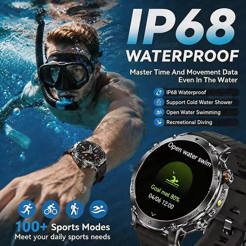 GUHUAVMI Outdoor Militär Smartwatch für Herren in Schwarz mit GPS-Tracking, Bluetooth-Anrufen, SOS-Funktion, Taschenlampe und IP68 Wasserdichtigkeit sowie 1400mAh Akku - Bild 3