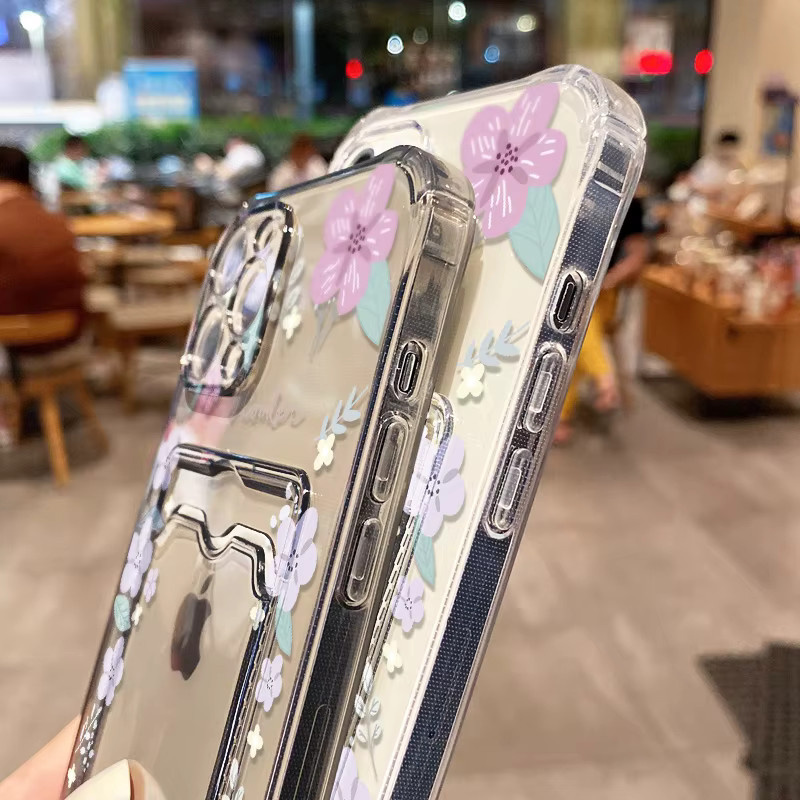 Transparente iPhone Schutzhülle mit Blumenmuster und Kartensteckplätzen für Apple iPhone 11 12 13 14 15 16 17 Pro Max und SE/XR/7 Plus - Bild 2