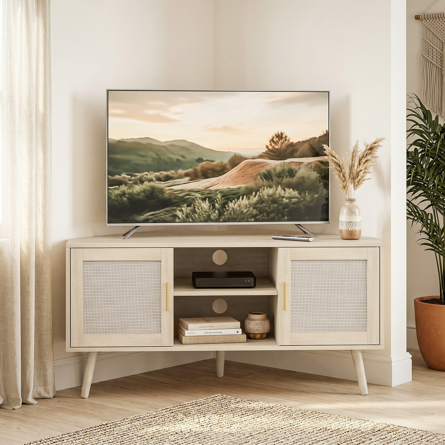 HOMCOM TV-Eckmöbel in Eiche mit Rattan-Türen und Kiefernholz-Beinen im Boho-Stil, Breite: 115 cm - Bild 2