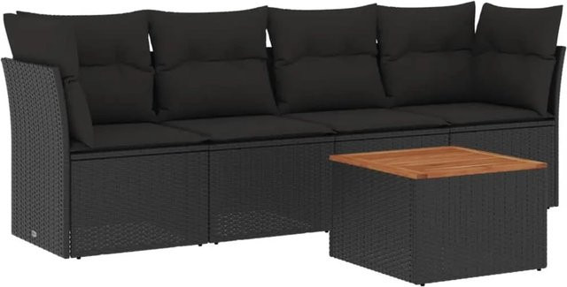 vidaXL 5-tlg Garten-Sofagarnitur aus Poly-Rattan und Akazienholz in Schwarz mit Kissen Modell 85 - Bild 1