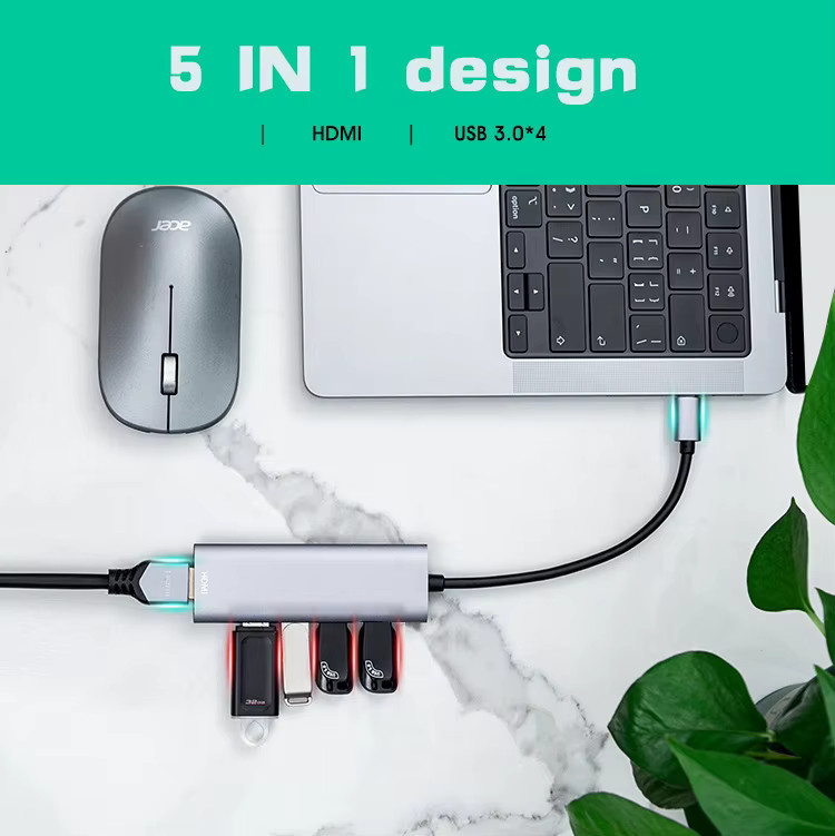 VBDWRM 5-in-1 USB-C zu HDMI Hub mit 4x USB 3.0 in Grau für MacBook Pro Air Mini, Dell XPS und iPhone 16 Plus, 4K UHD Unterstützung - Bild 2