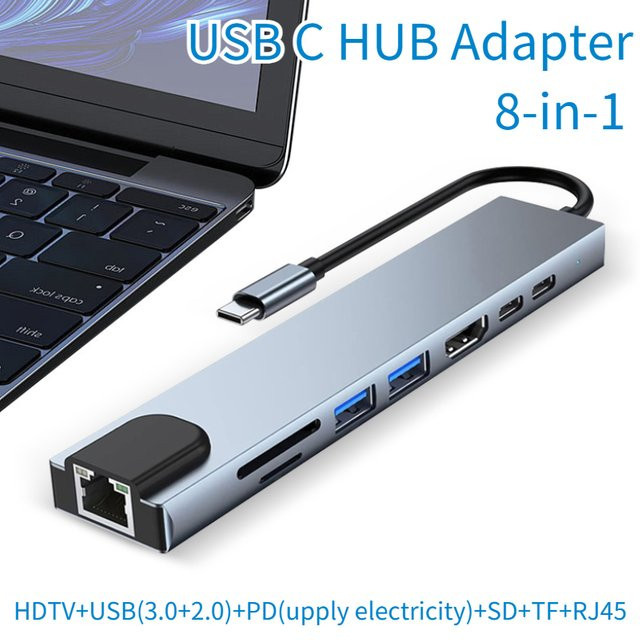 8 in 1 USB C Hub Docking Station mit 4K HDMI, RJ45 Ethernet, SD und TF Kartenleser sowie PD Ladefunktion für MacBook Air M1 und iPad Pro - Bild 1