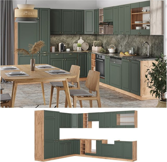 Vicco Eckküche Fame-Line Landhausstil Eiche Grün Gold, B/T/H: 347 x 257 cm - Bild 1