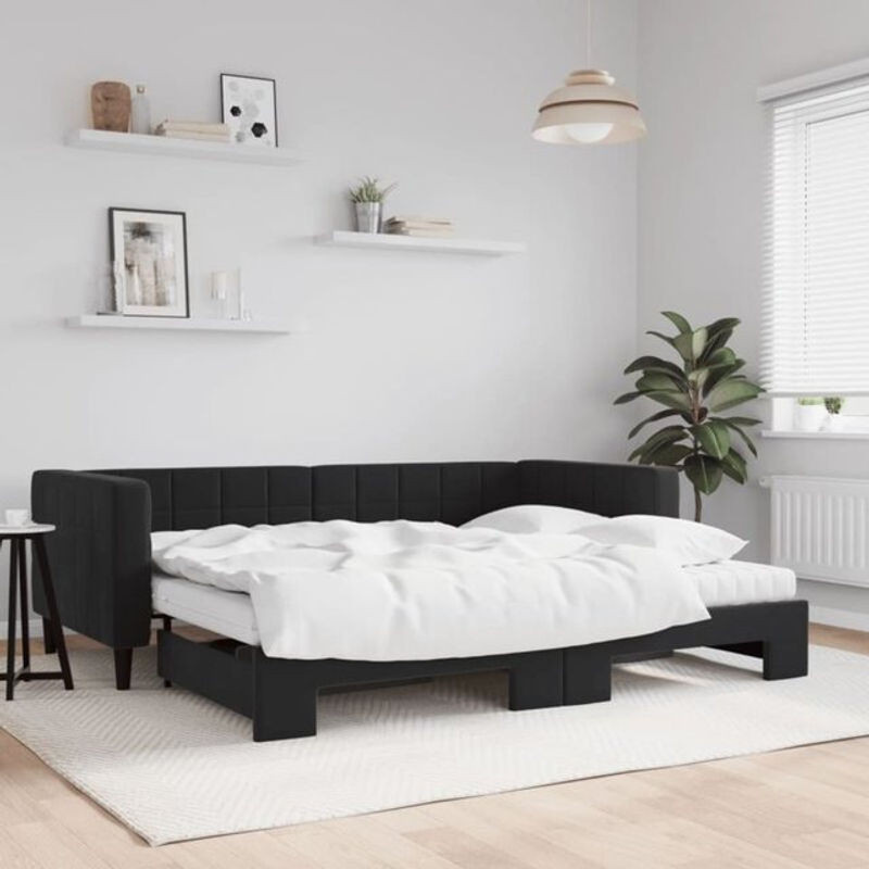 Ausziehbares Funktionsbett Vidaxl in Schwarz mit Matratze aus Samt und Metall, B/T/H: 190 x 90 cm - Bild 1