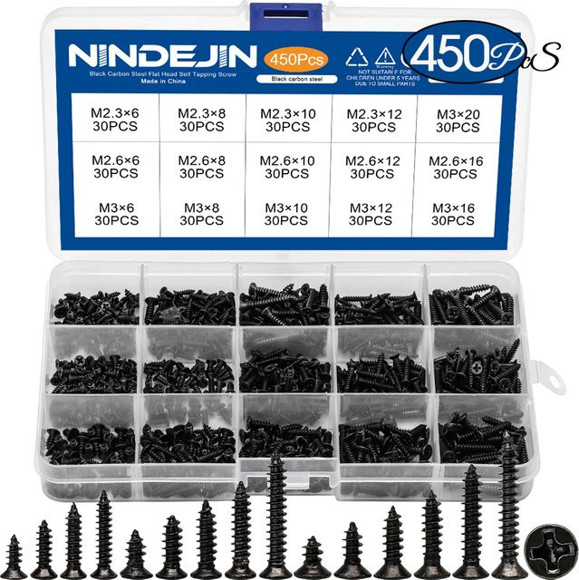 NINDEJIN Kreuzschlitz-Blechschrauben-Set aus Kohlenstoffstahl in Schwarz mit flachem Kopf, verschiedene Größen von M1,2 bis M3 - Bild 1